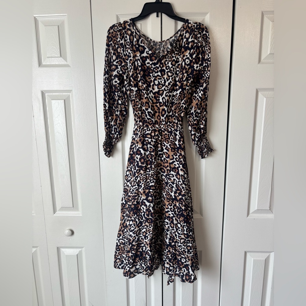 Talbots Petite Black and White Fit and Flare Dress with Bishop Sleeves